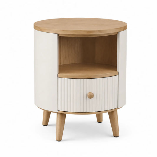 Table de chevet ronde en bois de chêne et MDF avec tiroir et étagère 60 cm