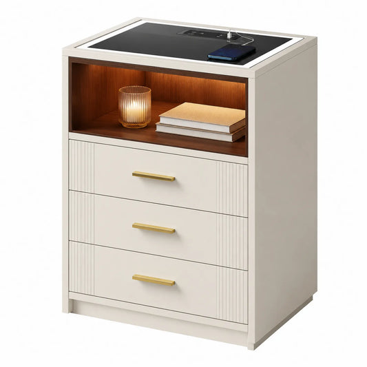 Table de chevet en bois avec 3 tiroirs et chargeur intégré
