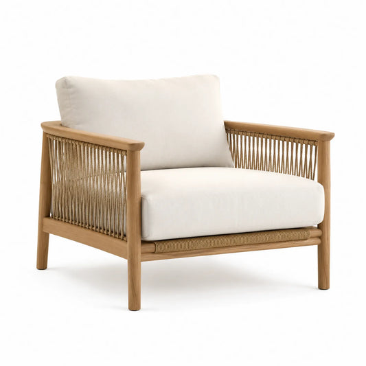 Fauteuil en teck avec corde et coussins en polyester