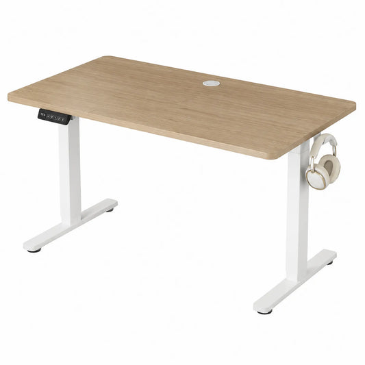 Bureau assis-debout ajustable en chêne et métal blanc 140x70 cm