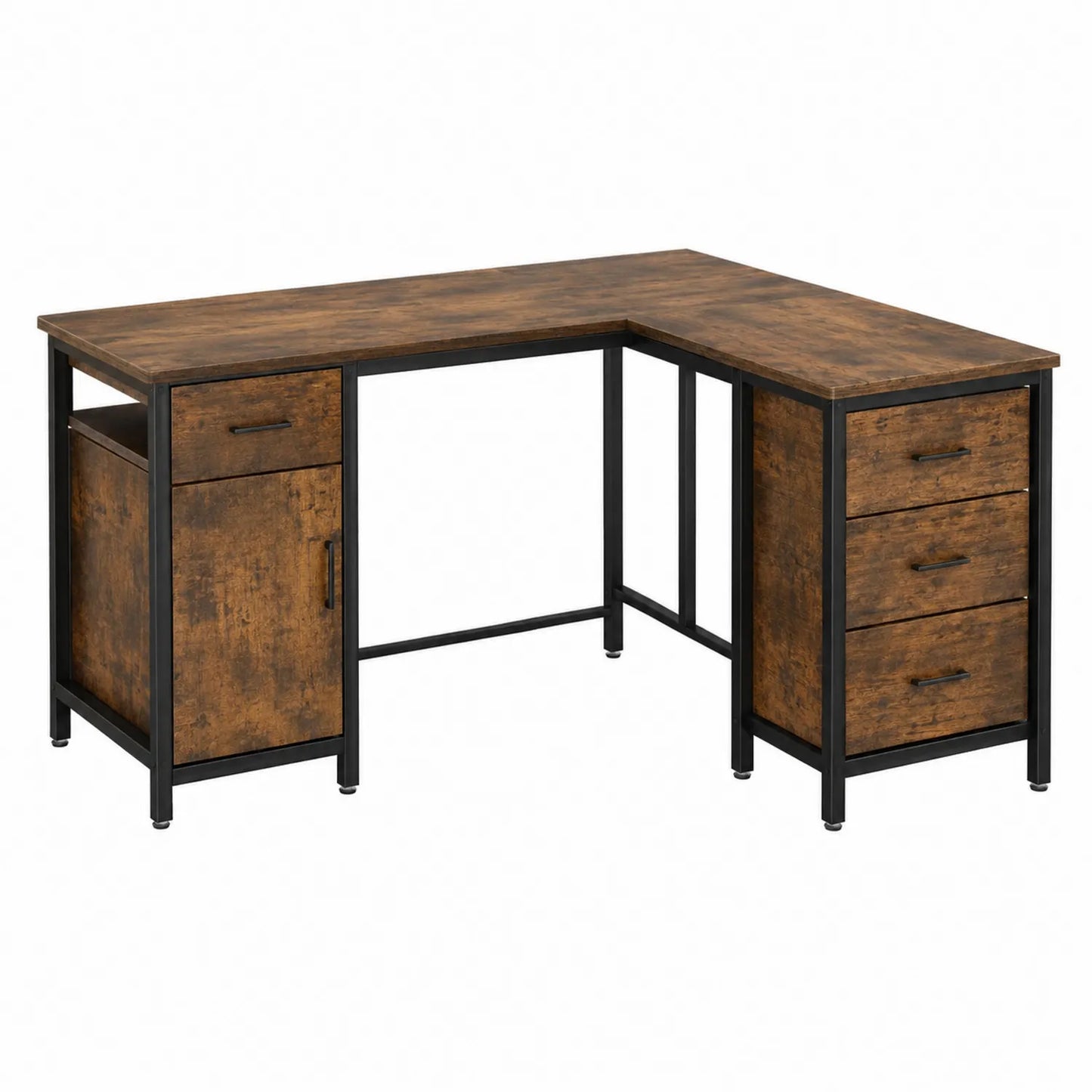 Bureau d'angle en bois et métal noir avec tiroirs marron