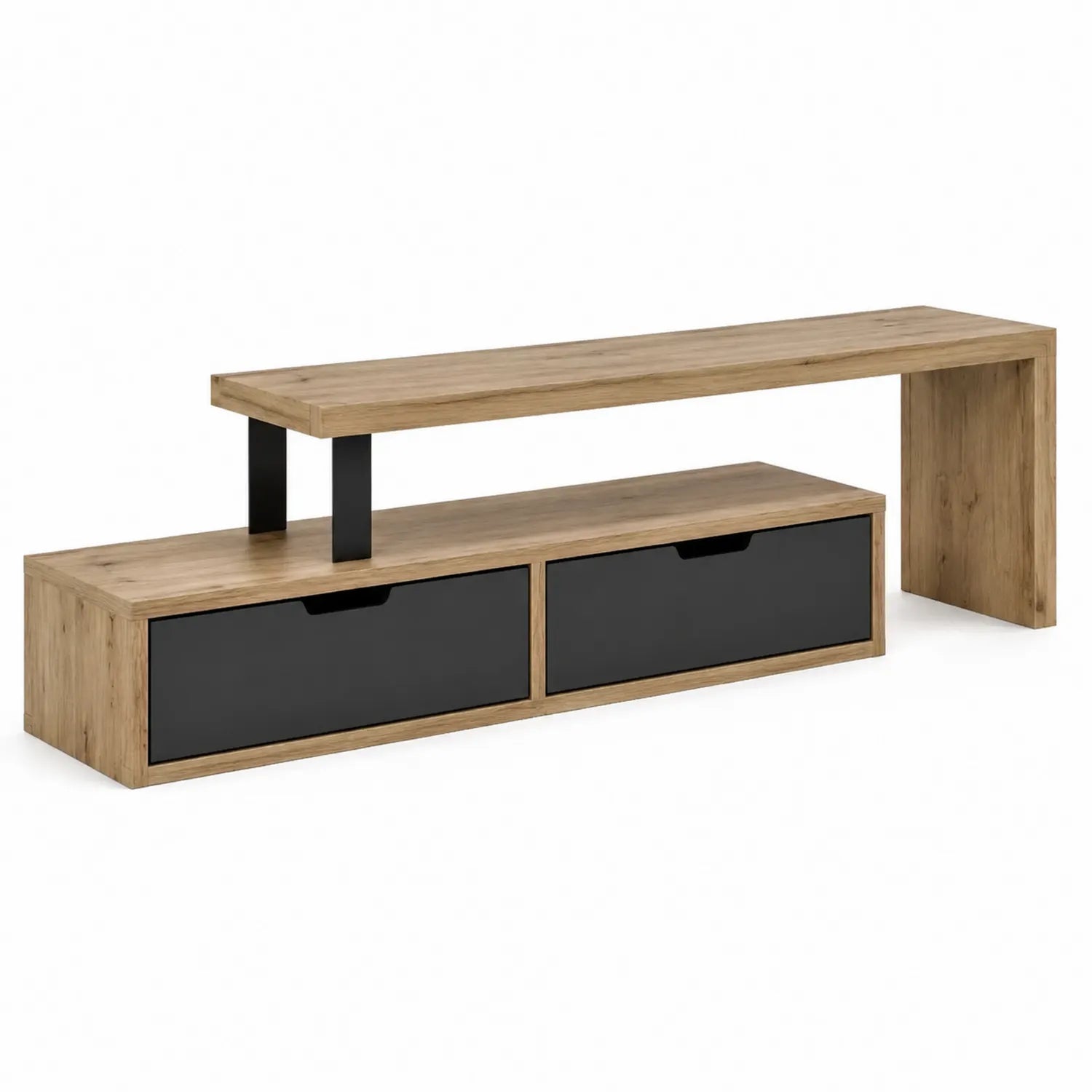 Meuble TV en bois chêne clair et noir avec étagère 140 cm