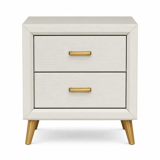 Table de chevet en bois avec 2 tiroirs et poignées dorées
